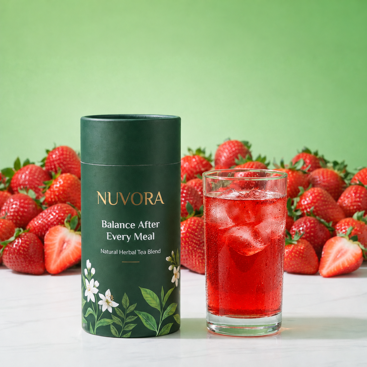 Nuvora Blend Strawberry with refreshing deep red iced tea
